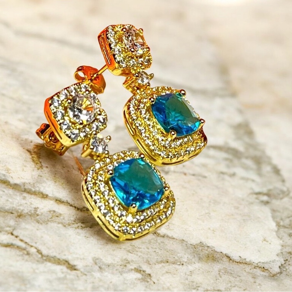 Gold and blue topaz evening earrings -dress up/classy